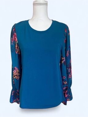 The Pioneer Woman Teal Floral Sleeve Knit Top Medium Boho Bell Sleeve Prairie
